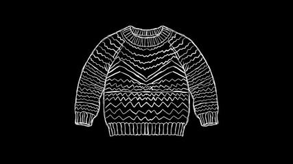 Hand-drawn sketch of a knitted sweater with patterns on black background - Powered by Adobe