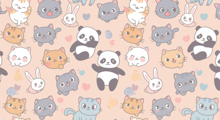Obraz premium Playful Cartoon Animals Cats Pandas and Rabbits in a Seamless Pattern.