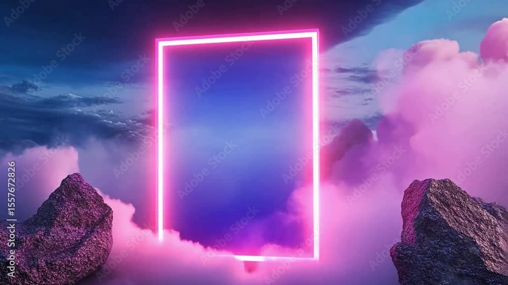 Poster neon portal in dreamland: a vibrant pink neon rectangle portal floats amidst ethereal pink clouds an