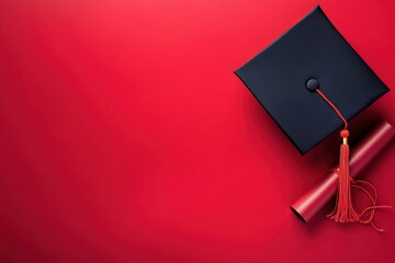 Celebratory Graduation Cap and Diploma on Vibrant Red Canvas - Academic Achievement Concept for College and University
