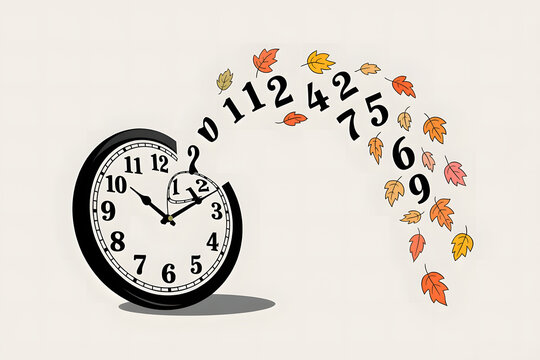 A large wall clock bending into a spiral shape, with numbers floating off and turning into falling autumn leaves, concept of time dissolving
