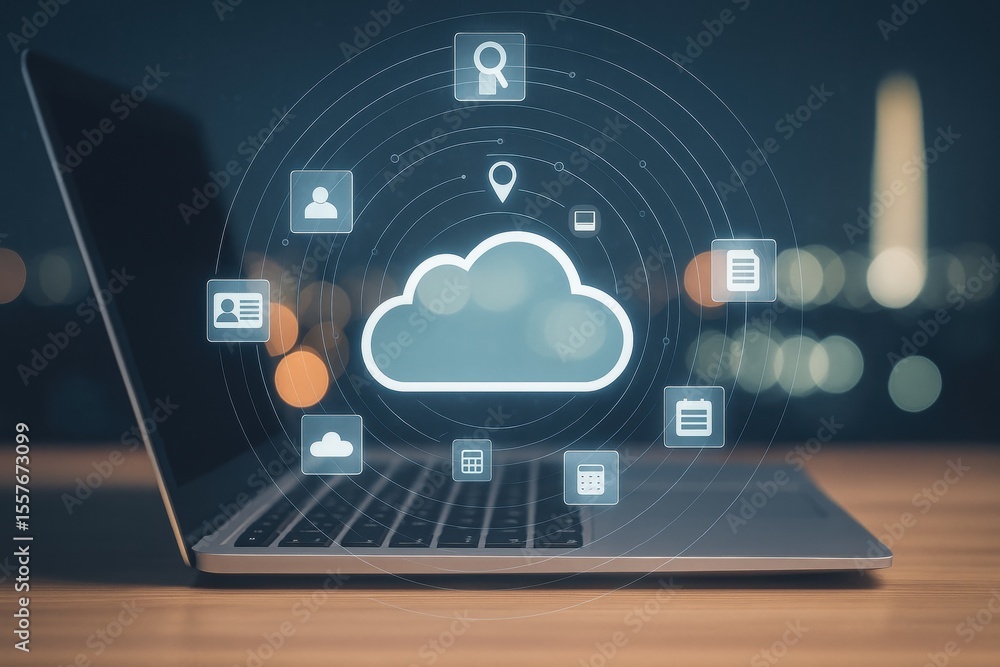 Fototapete Digital Gateway: A laptop unveils the world of cloud computing, seamlessly integrating technology and information, offering boundless access and innovative potential.