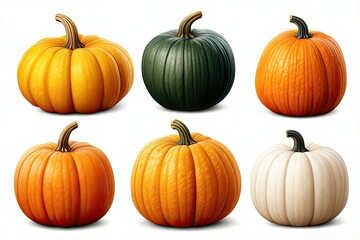 Six autumn pumpkins of different shapes and colors  on a white background.