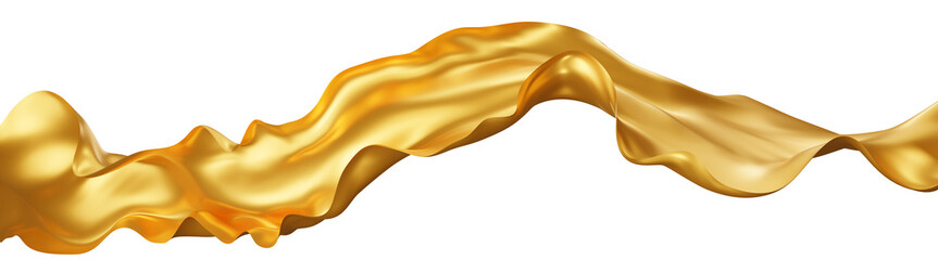 Flying golden silk textile fabric flag background. Smooth elegant gold Satin Isolated on white Background for grand opening ceremony. Golden curtain. 3d png illustration