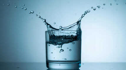 A high-speed photograph of water splashing dramatically in a clear glass tumbler against a light blue-gray background