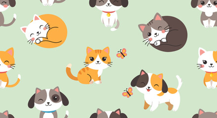 Playful Cartoon Cats and Dogs Pattern with Butterflies on Light Green.