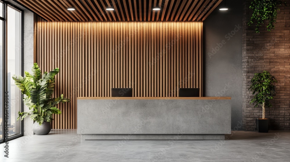 Poster modern office reception area: stylish loft design with concrete and wood elements in a three-dimensi