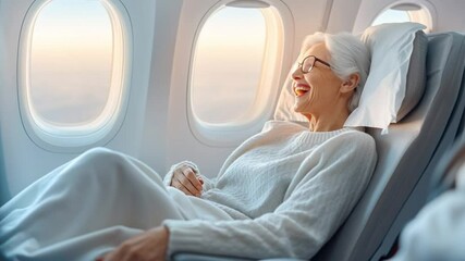 Senior woman resting with blanket on airplane seat as sunset light filters through window