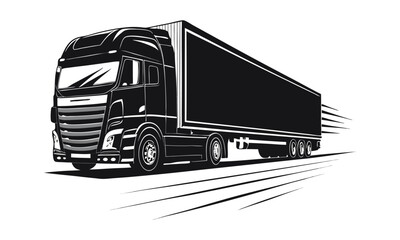 Modern Semi-Truck Hauling Cargo at Speed Black and White Vector Illustration.