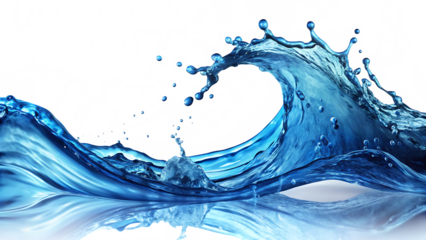 Dynamic blue water wave with splashing droplets and abstract colorful background elements isolated on a transparent background