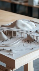 Detailed architectural model showcasing a bridge over a landscape with rolling hills and roads