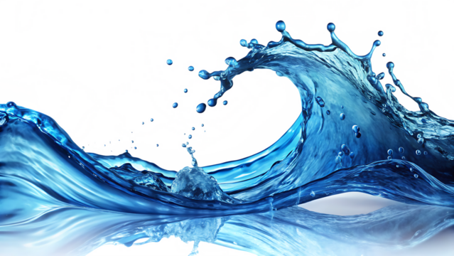 Dynamic blue water wave with splashing droplets and abstract colorful background elements isolated on a transparent background