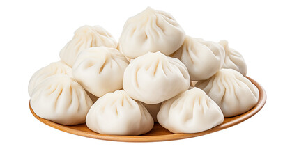 Fototapeta premium A wooden plate piled high with many white steamed buns or dumplings ready to be served and eaten