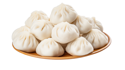 A wooden plate piled high with many white steamed buns or dumplings ready to be served and eaten