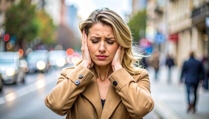 Fototapeta premium Woman Covering Ears in Noisy City Street Stress Anxiety.