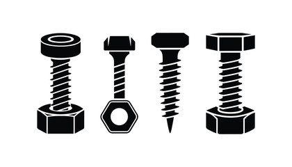 Silhouette Set of Screws and Bolts with Nuts – Vector Hardware Icons for Tools, Construction and DIY Projects