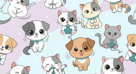 Playful Cartoon Kittens and Puppies Pattern with Yarn Balls and Pastel Colors.
