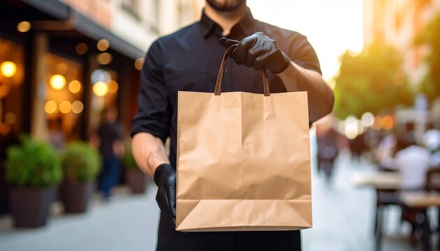 Delivery Person Holding Brown Paper Bag Outside Restaurant.