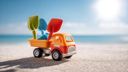 Colorful plastic toy truck filled with shovels and molds parked on smooth sandy beach under bright sunlight