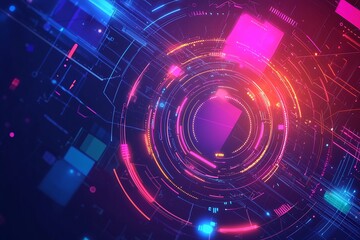 Fototapeta premium Futuristic Tech Background Neon Circuits Digital Interface Abstract Design Vivid Colors Glowing Lines Pink Blue Red