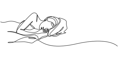 Woman sleeping on pillow bed continuous one line drawing. Sleeping woman in single line art illustration. Editable vector, Continuous single line sketch drawing of woman sleep, Woman home sleep relax.