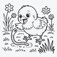 A cartoon chick looking at a worm in a field of flowers