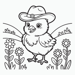 Line art of chick wearing cowboy hat in flower background