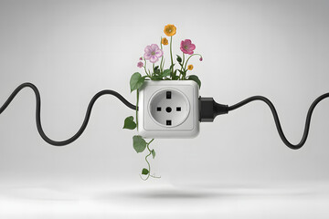 An unplugged power socket floating in the air, with vines and flowers growing from the sockets instead of cables, concept of organic energy