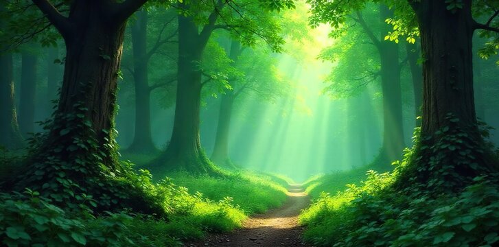 Magical Autumn Forest Scene Dappled Sunlight and Deep Shadows Create a Mystical Atmosphere, Perfect for Fantasy Backgrounds and Fairytale Projects