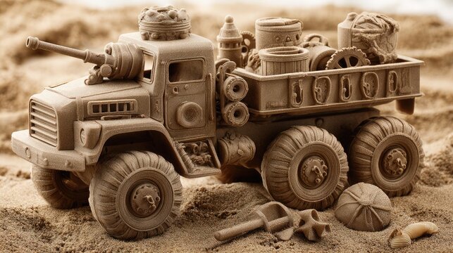 Detailed view of sand toy truck filled with gear on untouched coastal sand background