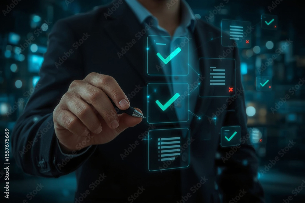 Poster businessman showing online document validation icon, concepts of practices and policies, company art