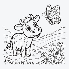 Cartoon cow looking at a butterfly in a black and white scene
