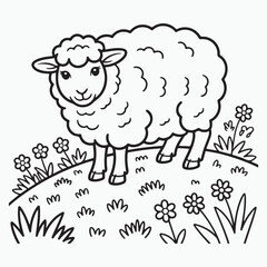 Illustration of a sheep standing in a field of flowers