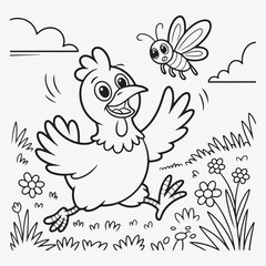 Cartoon chicken running with a butterfly in a field line art