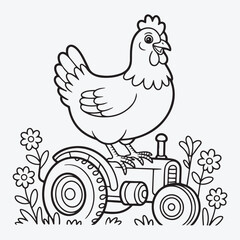 Chicken sitting on a tractor surrounded by flowers outline
