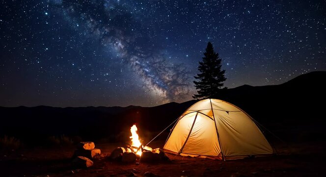 Starry Night Camping Scene Under Milky Way