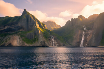 Tropical cliffs with lush greenery, icy peaks, waterfalls, and golden sunset over calm blue ocean; serene, dramatic coastal scene glowing with warm light.