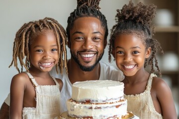 Happy family celebrating a birthday with cake
