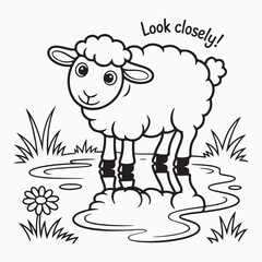 Cartoon sheep standing in puddle with flower and grass art