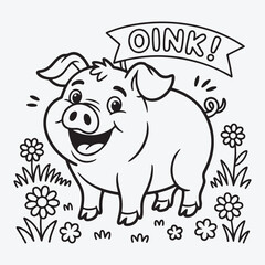 Cartoon pig with oink banner in a field of flowers outline