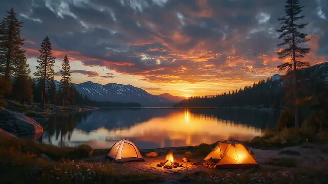 Sunset Camping By Lakeside With Tents And Fire