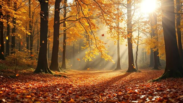 Sunlit Autumn Forest Scene with Fallen Leaves and Golden Foliage on Trees