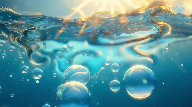 Underwater Scene with Bubbles and Sunlight Refraction Through the Water Surface Creates Brightness and Deep Blue