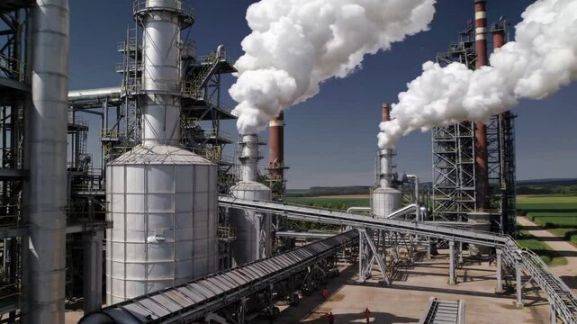 Sugarcane processing facility releasing dense white smoke from tall industrial chimneys, highlighting agricultural manufacturing within rural landscape background