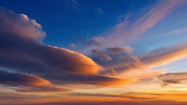 Sky Serenade: A breathtaking scene of dynamic cloud formations painting the sky with vibrant hues of gold, orange, and blue, creating a symphony of color in the vastness of the atmosphere.