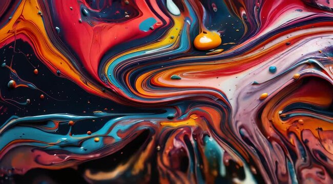 Vibrant Abstract Liquid Paint Swirls Displaying Colorful Patterns and Textures with Detailed Close-Up Perspective