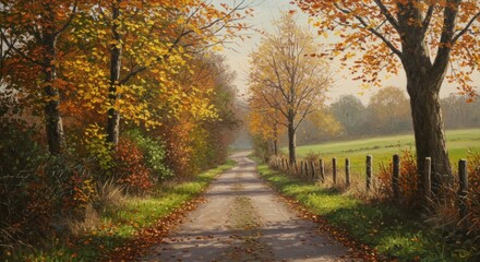 A country road lined with trees in full autumn foliage, leading into a misty distance.