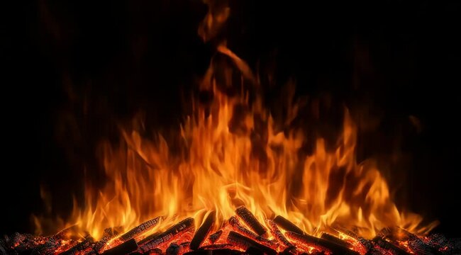 Vibrant Orange Fire Flames Burning On Black Background With Burning Wood And Warmth