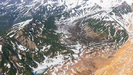 Aerial view of a valley and mountains in Alaska