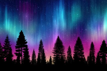 Colorful skyline with pine trees seen at night 